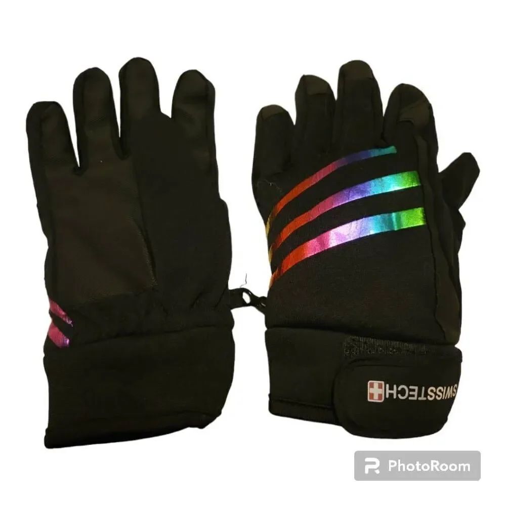 Swiss Tech Youth Water Resistant Black SkiโGlove with Rainbow Foil Stripes, Rein